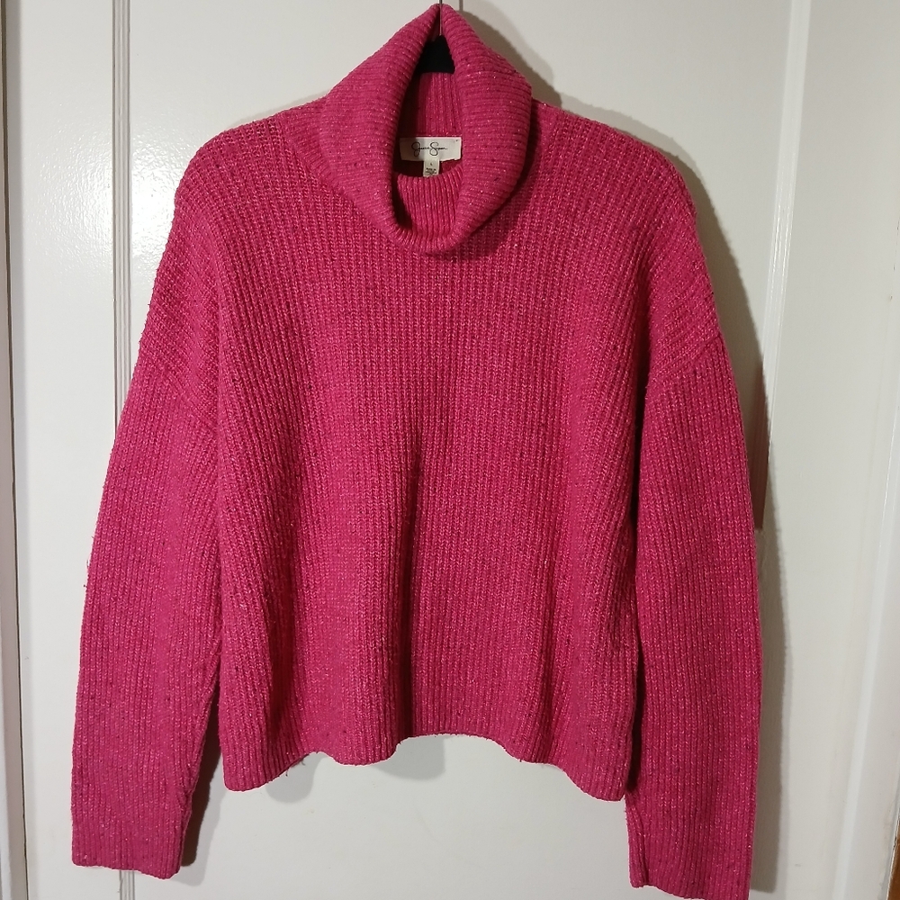 Jessica Simpson, Large pink turtleneck sweater.